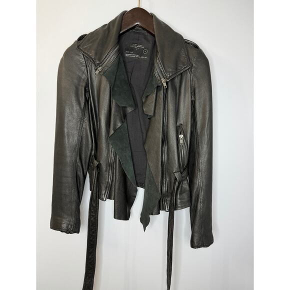 AllSaints Spitalfields Y2K Jacks Place Leather Moto Belted Black Jacket Sz 8 S - Picture 7 of 16
